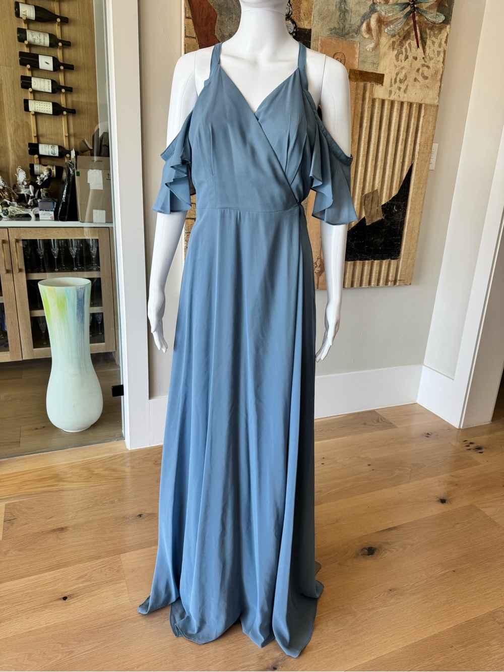 Lulus Elegant Cold-Shoulder Maxi Wrap Dress in Dusty Blue